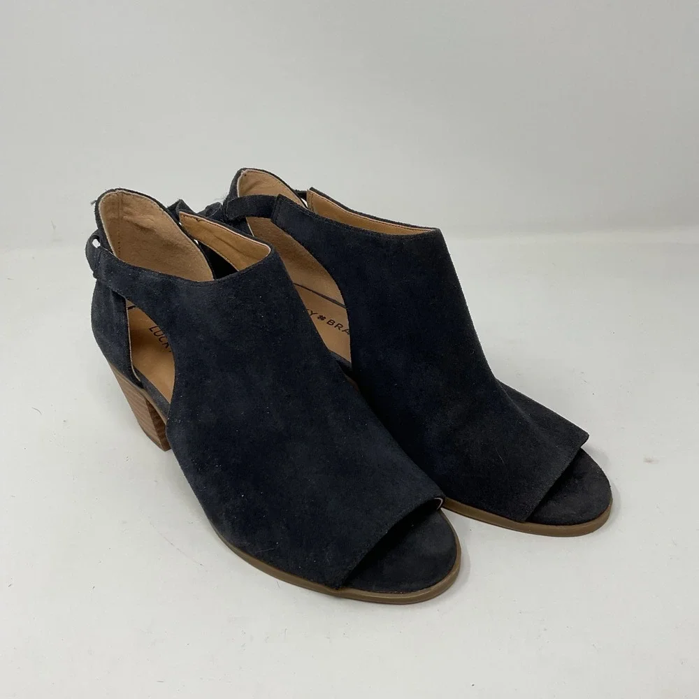 Lucky Brand Womens 8.5 Black Suede Peep Toe Cutout Block Heel Booties Tie Back